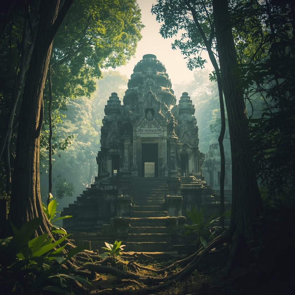 An ancient architectural masterpiece temple in a dense jungle with soft sunlight filtering through the canopy, mysterious atmosphere